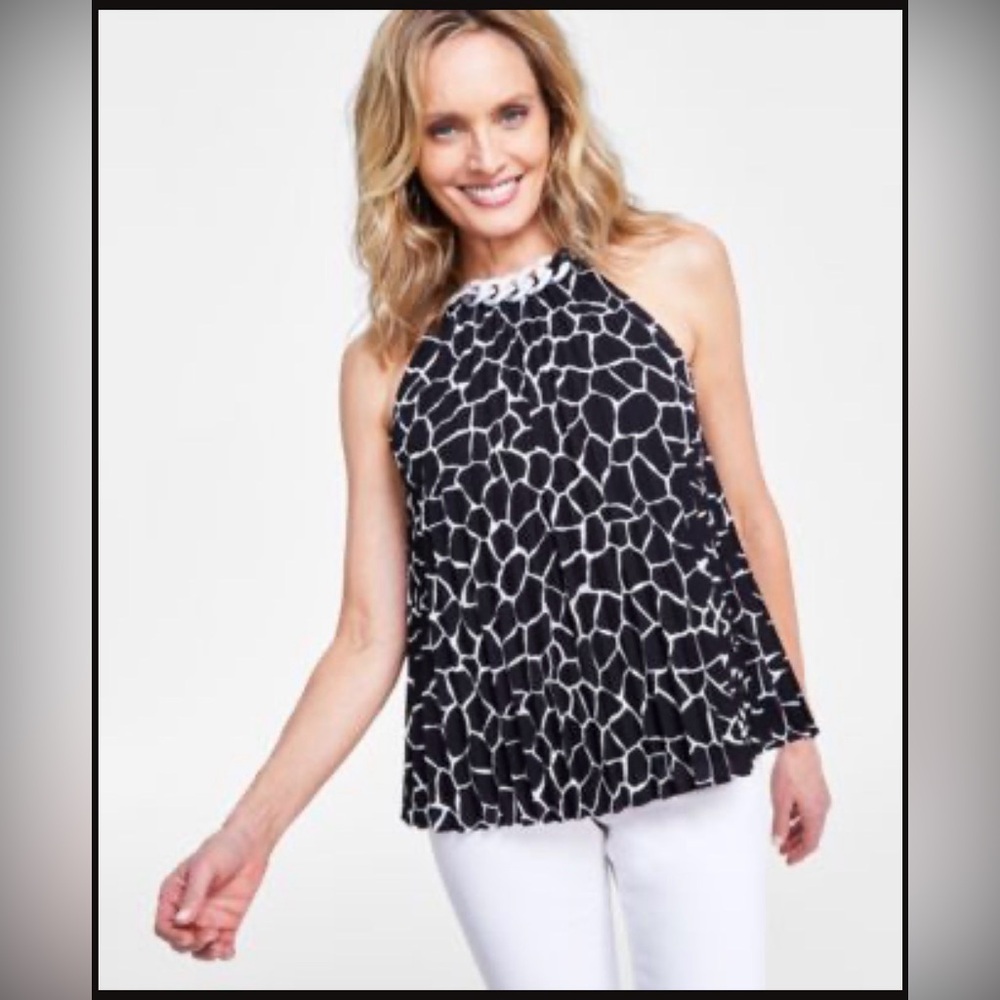 INC International Concepts Black and White Pleated Chain-Trim Halter Top Size XL